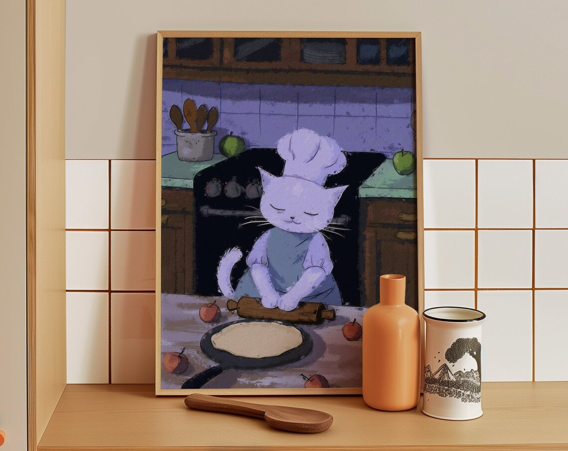 White Chef Cat Rolling Out Dough In A Cozy Kitchen Whimsical Art Poster