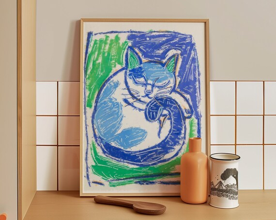 Calm Blue Cat Sleeping Curled Up Abstract Cat Painting Poster