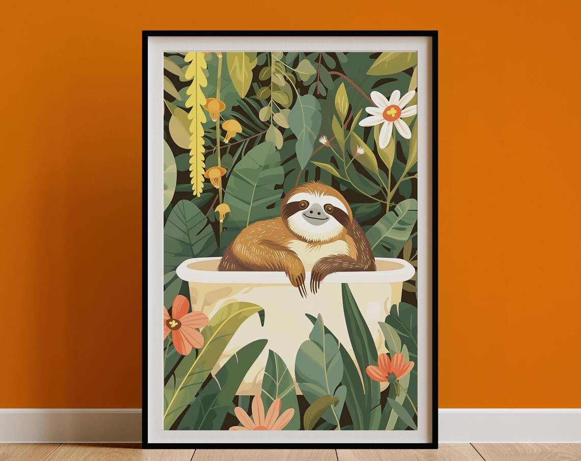 Sleepy Sloth Relaxing in Bathtub Tropical Jungle Floral Poster