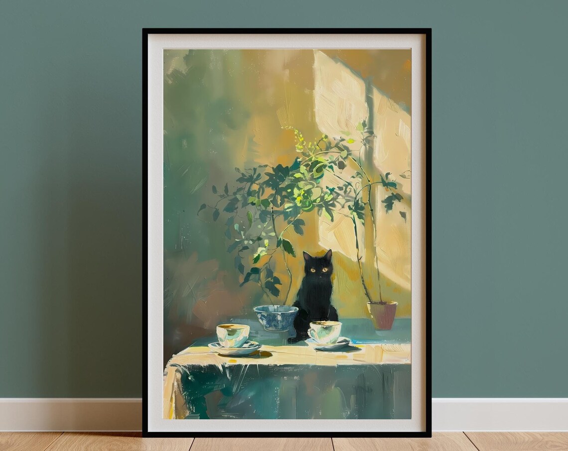 Black Cat Coffee Print, Vintage Kitchen Decor