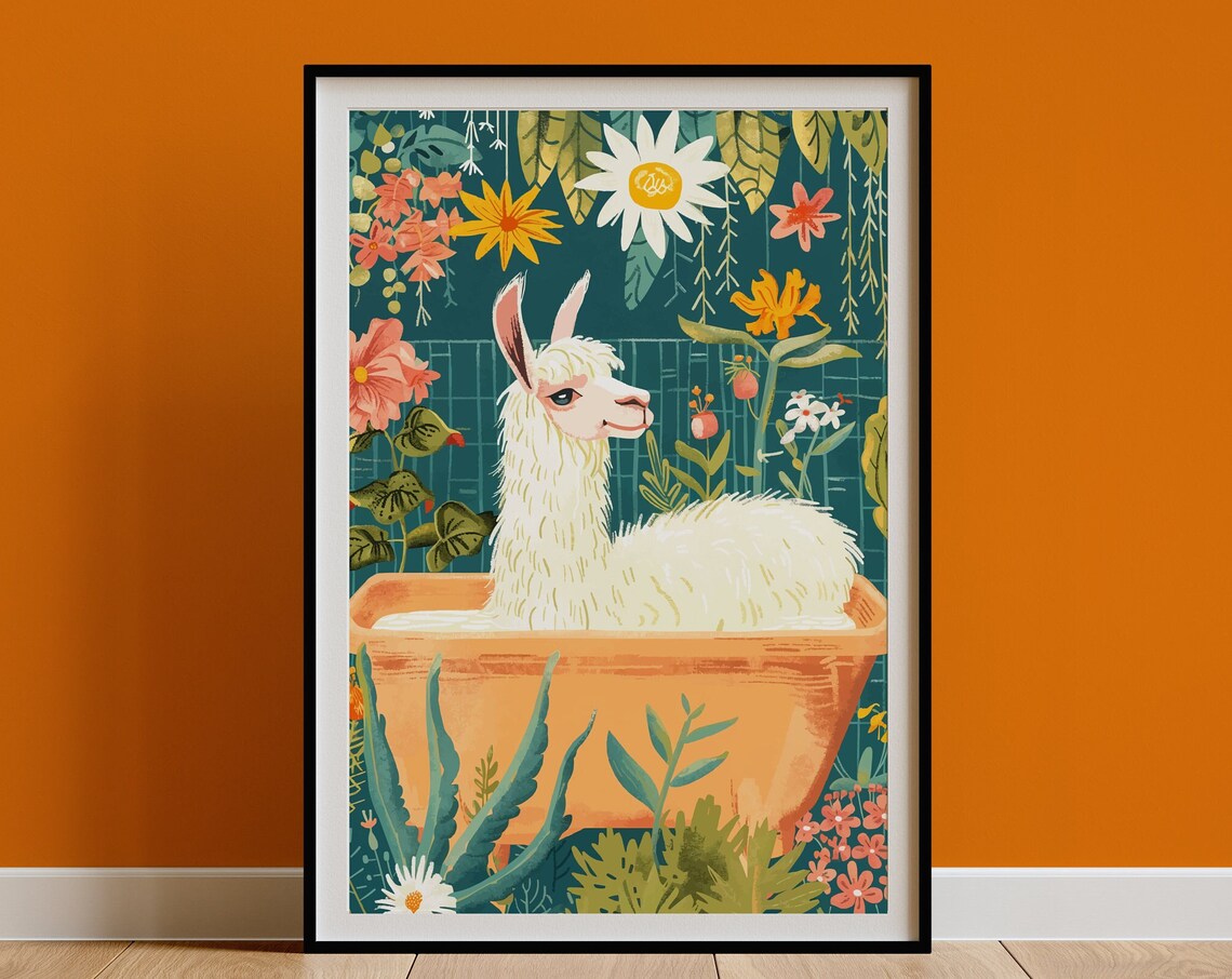 White Llama in Terracotta Tub Tropical Botanical Floral Poster