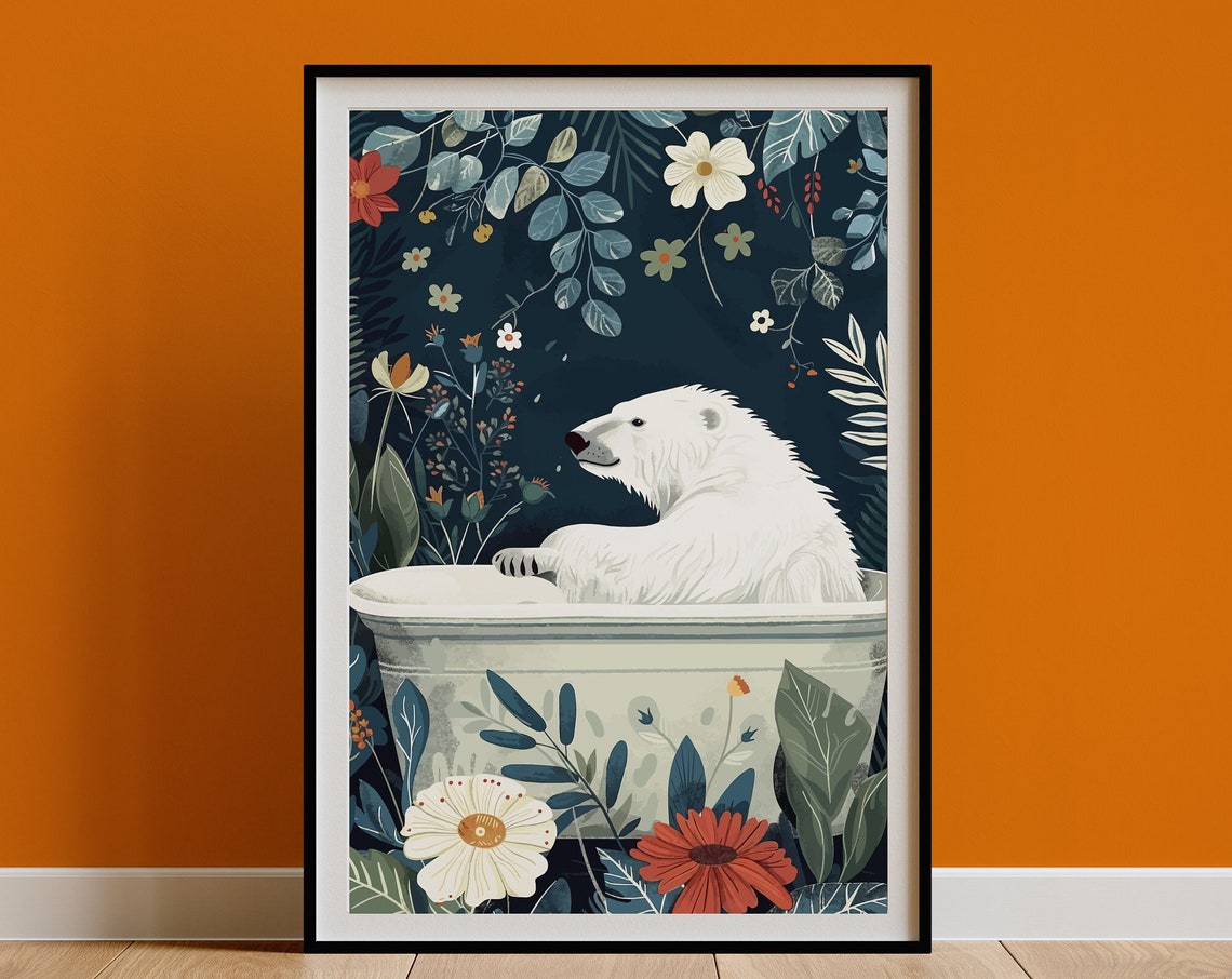 Polar Bear in Bathtub Dark Botanical Floral Maximalist Bathroom Poster