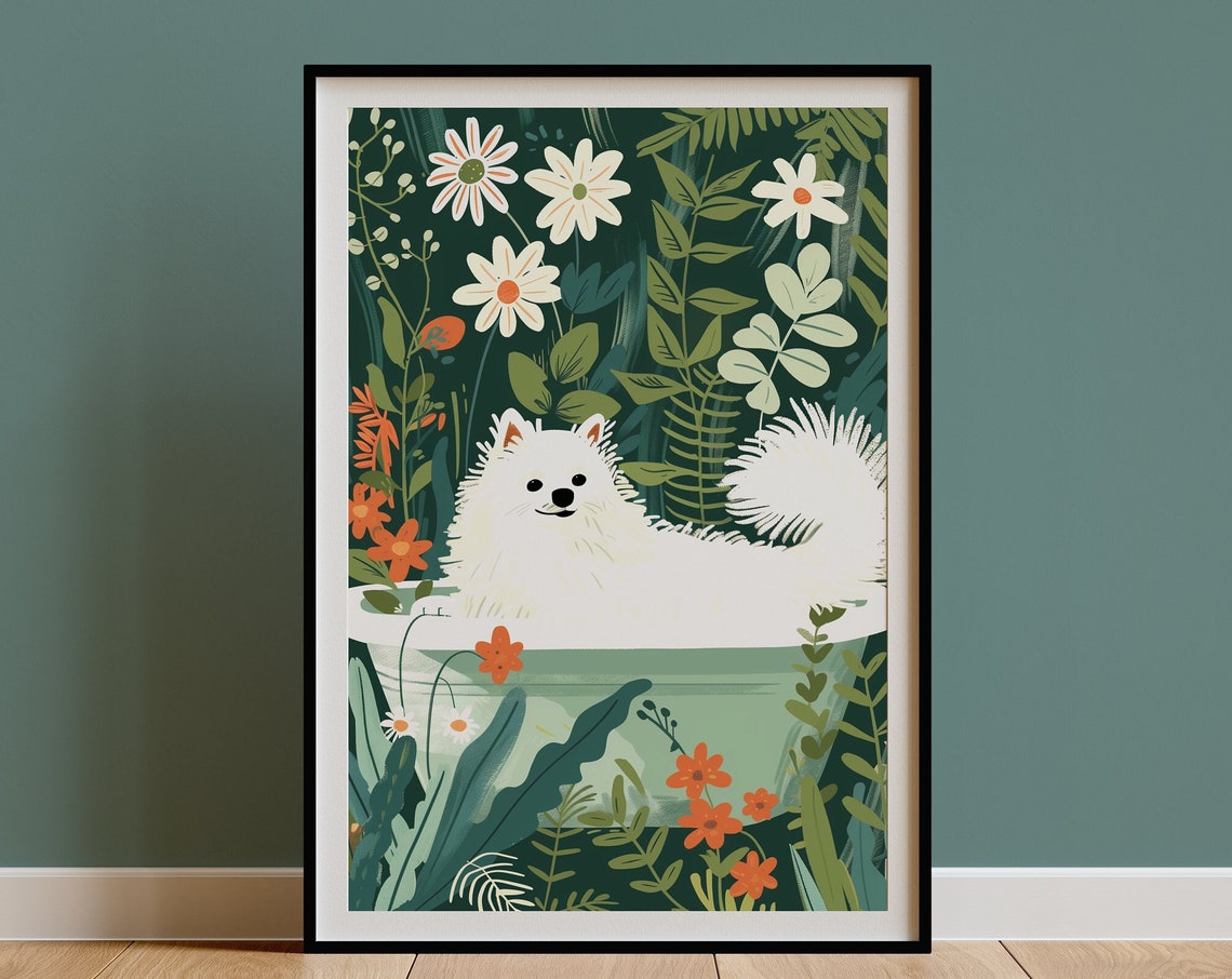 Japanese Spitz Puppy Relaxing in a Botanical Jungle Bath Tub Poster