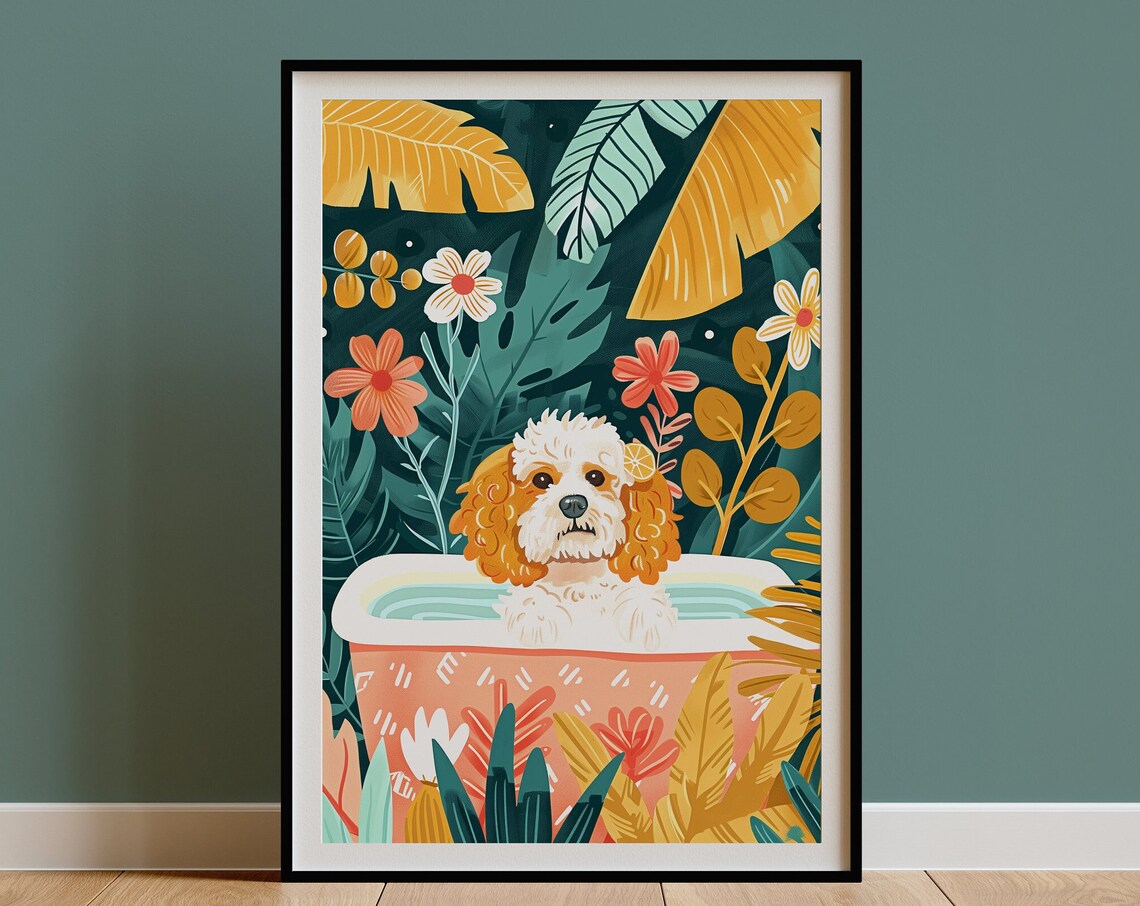 Cavoodle Puppy Bathing in a Lush Tropical Jungle Bathtub Art Poster