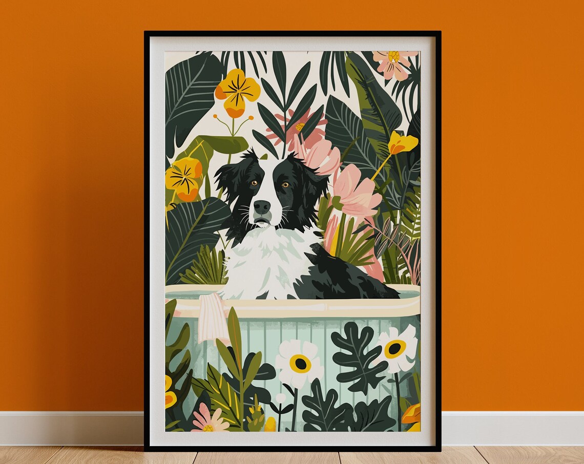 Border Collie in Bathtub Tropical Floral Whimsical Dog Poster