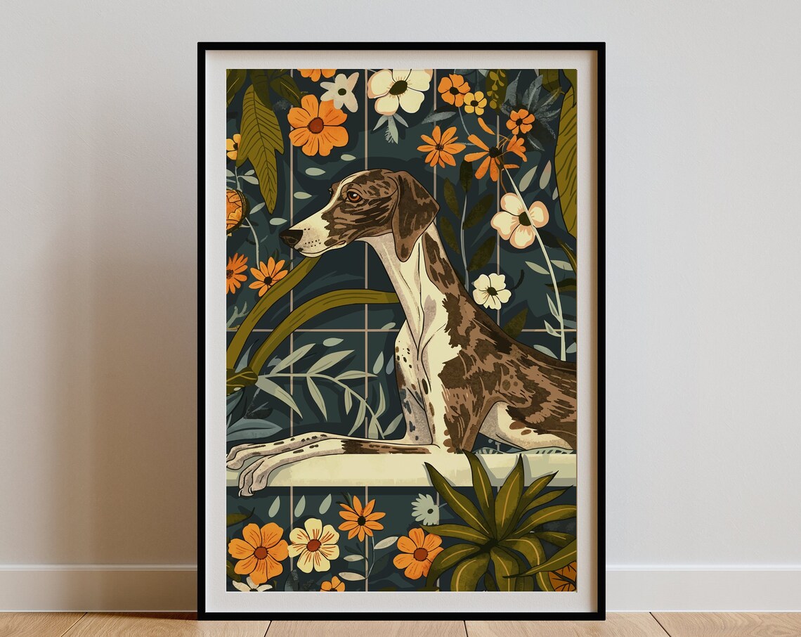 Greyhound Wall Art Boho Jungle Bathtub Print Maximalist Botanical Decor Eclectic Tropical Poster Cute Brindle Dog Mom Owner Gift