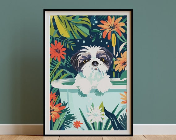 Shih Tzu Wall Art Boho Jungle Bathtub Print Maximalist Botanical Decor Eclectic Tropical Poster Cute Funny Dog Mom Owner Gift