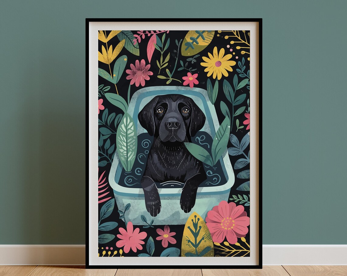 Black Labrador Art Print, Boho Jungle Bathtub