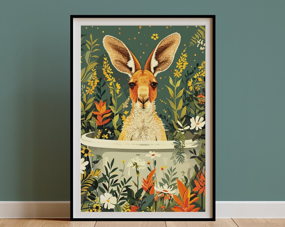 Kangaroo Peeking from Bathtub Warm Botanical Garden Wall Poster