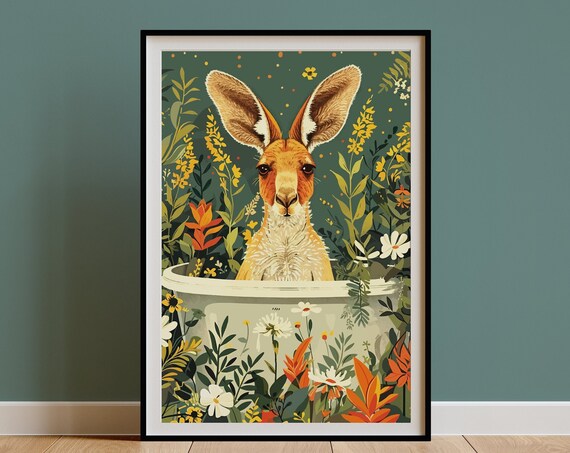 Kangaroo Peeking from Bathtub Warm Botanical Garden Wall Poster