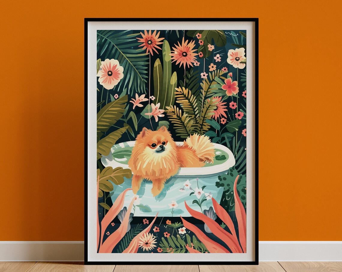 Pomeranian Dog in Bathtub Maximalist Jungle Botanical Floral Poster