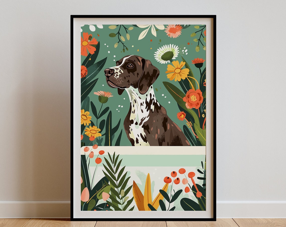 German Shorthaired Pointer in Bathtub Meadow Floral Dog Poster