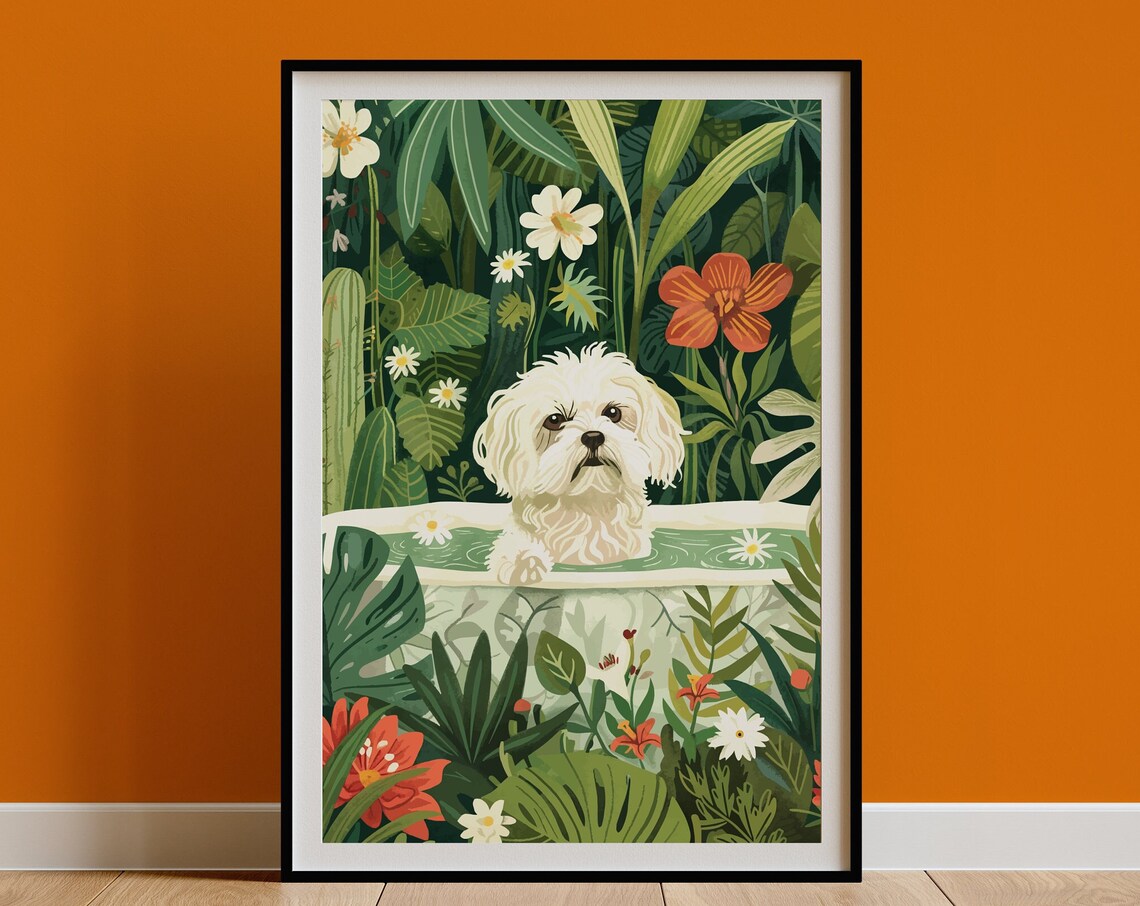 Maltese Dog Bubble Bath Jungle Botanical Illustration Art Poster