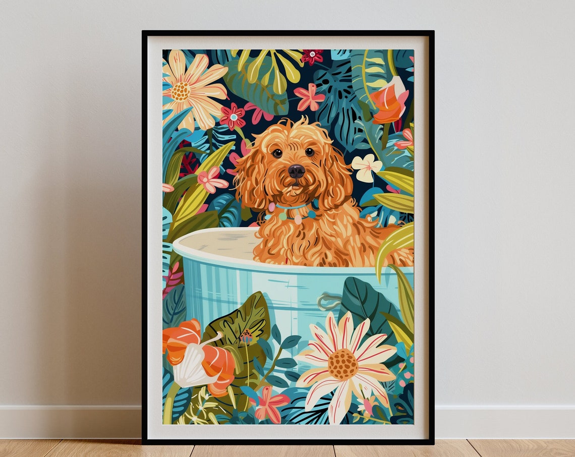 Cavapoo in Blue Bathtub Bright Tropical Floral Whimsical Dog Poster