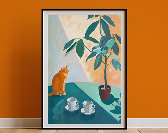 Ginger Cat and Two Teacups Painterly Kitchen Table Art Poster