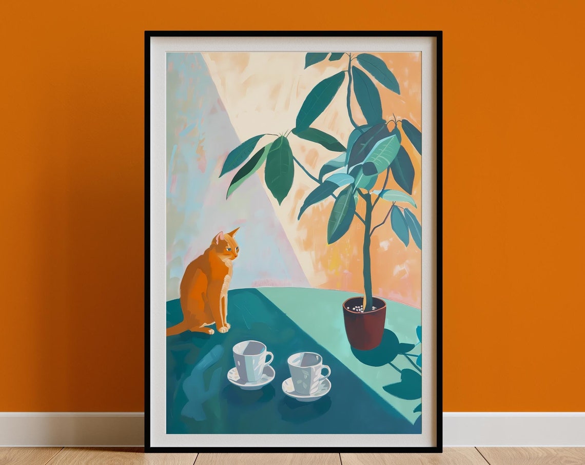 Ginger Cat and Two Teacups Painterly Kitchen Table Art Poster