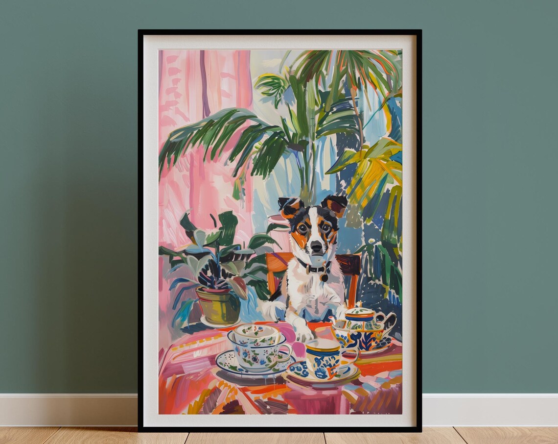 Jack Russell Terrier Tea Party Colorful Painting with Teacups Poster