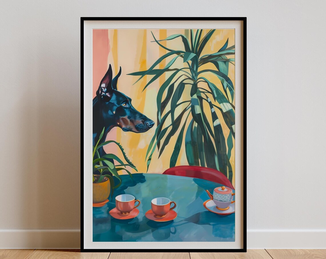 Retro Doberman Coffee Illustration Poster, Vintage Kitchen