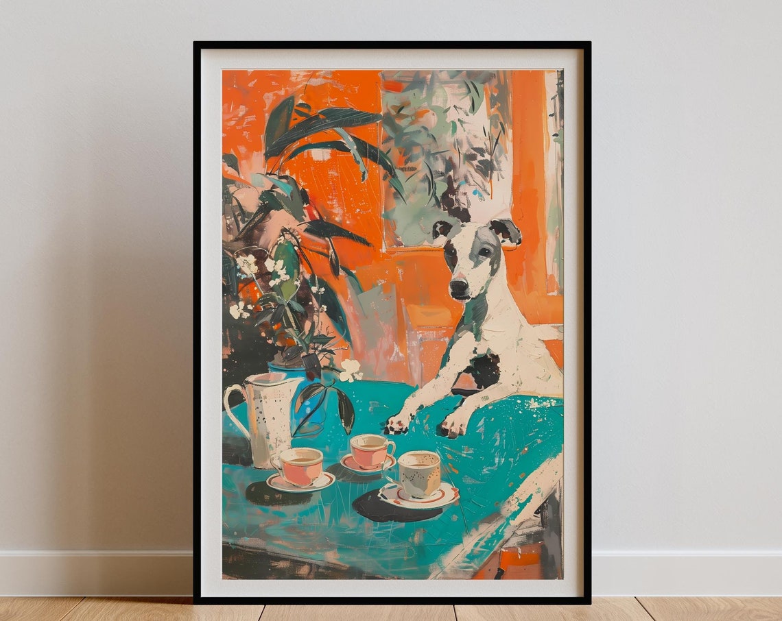 Whippet and Teacups on Teal Table Bold Orange Art Wall Poster