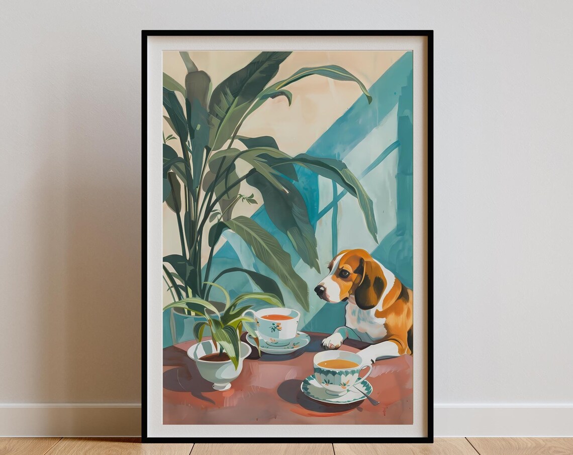Vintage Beagle Coffee Illustration Poster, Retro Kitchen Decor