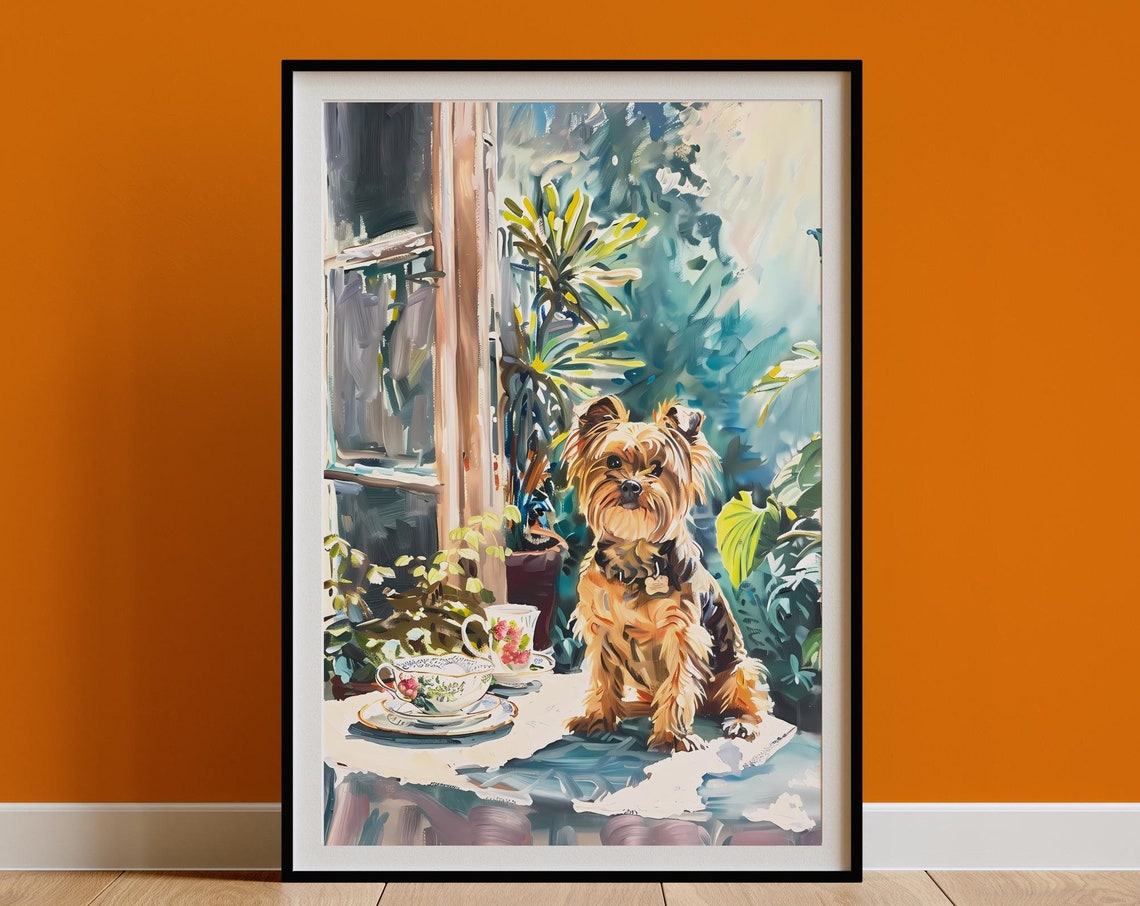 Yorkshire Terrier with Teacups Sunny Window Painting Art Poster