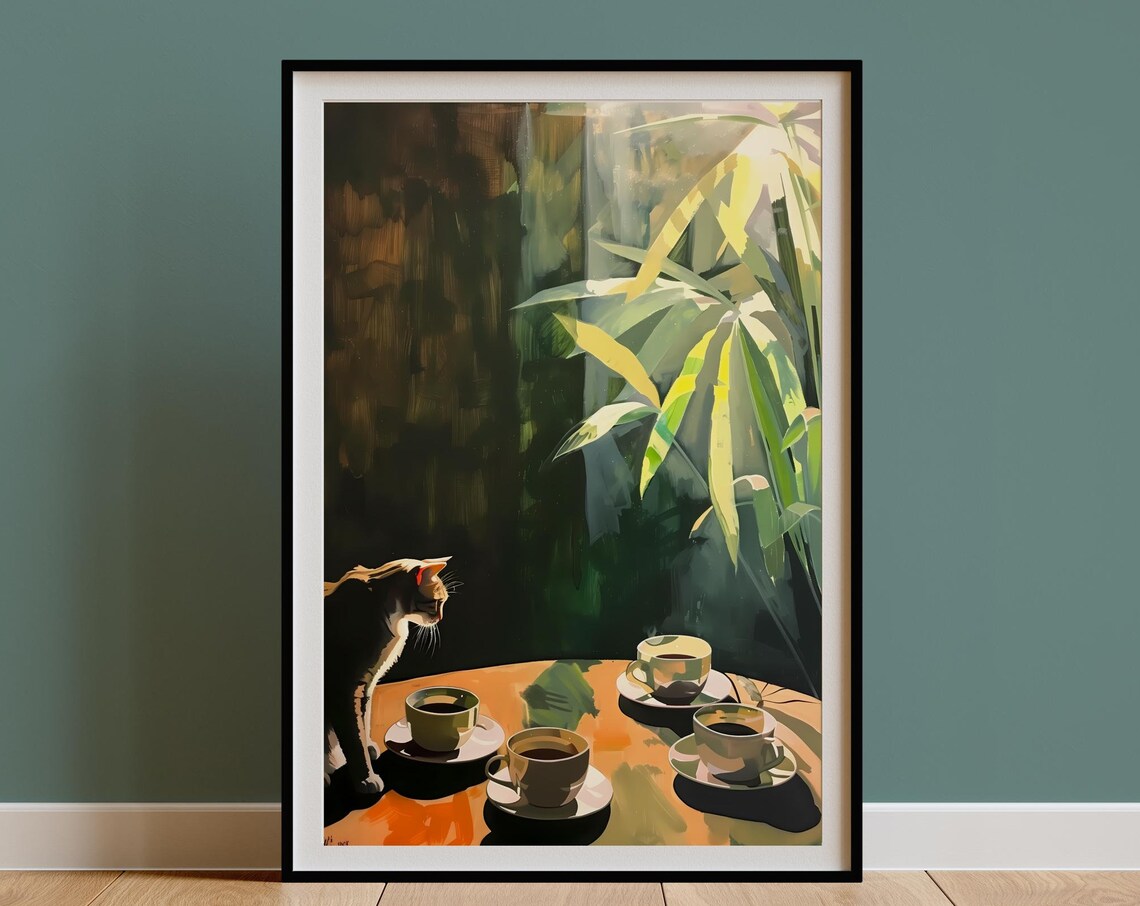 Tabby Cat with Teacups by Moody Tropical Window Still Life Poster