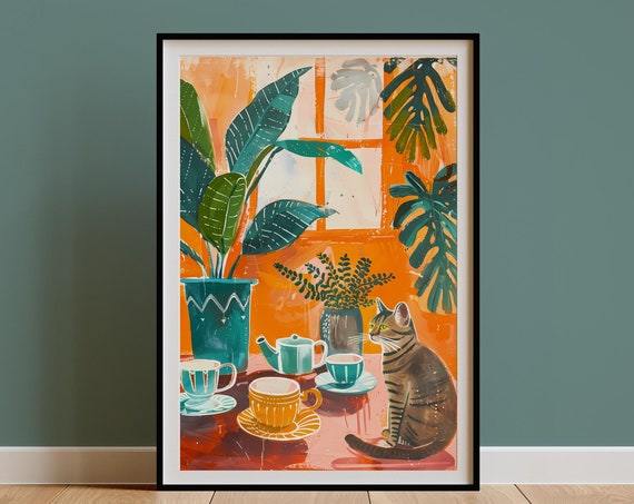 Retro Tabby Cat Teacups Vintage Coffee Art Print