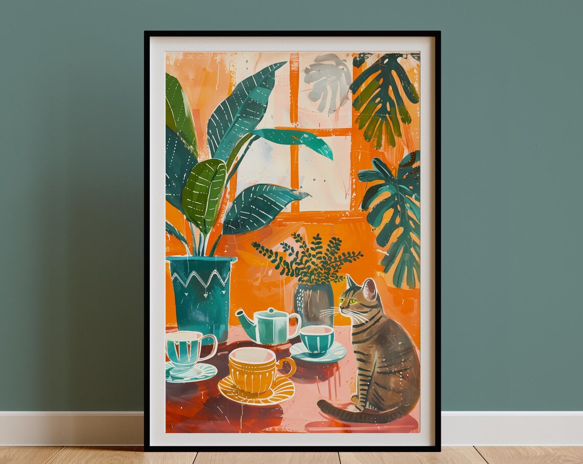 Retro Tabby Cat Teacups Vintage Coffee Art Print