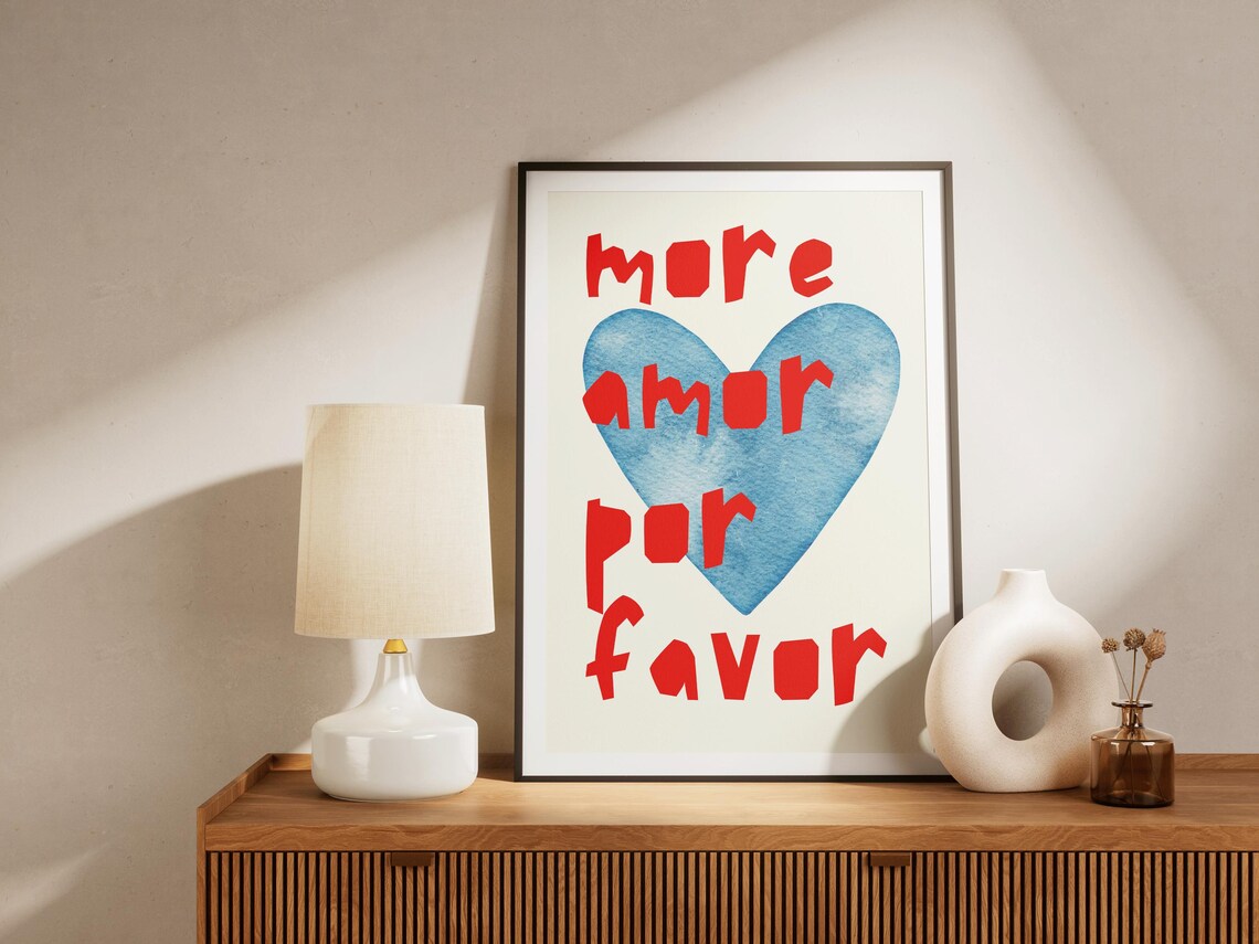 More Amor Por Favor Blue Watercolor Heart Red Letters Quote Poster