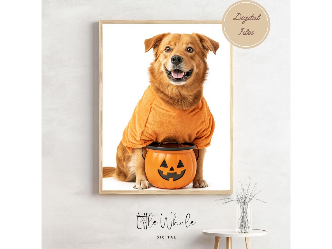 Happy Brown Dog in Pumpkin Costume Holding Halloween Candy Bucket Poster
