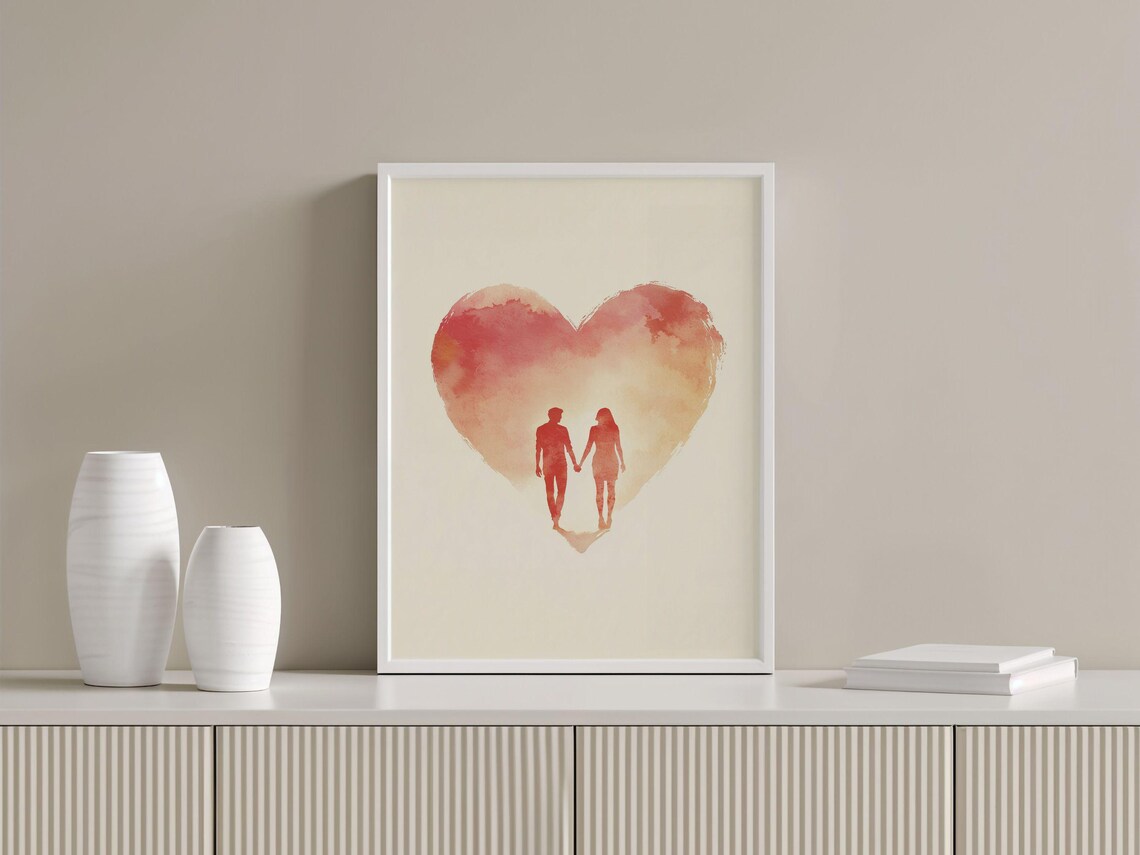 Romantic Couple Inside Watercolor Heart Shape Valentine Art Poster