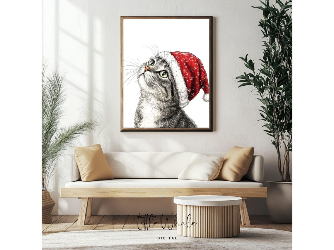 Tabby Cat Looking Up in Snowflake Santa Hat Christmas Art Print - Image 4