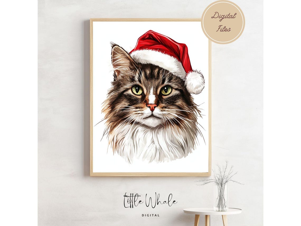 Long Haired Tabby Cat in Santa Hat Fluffy Christmas Art Print