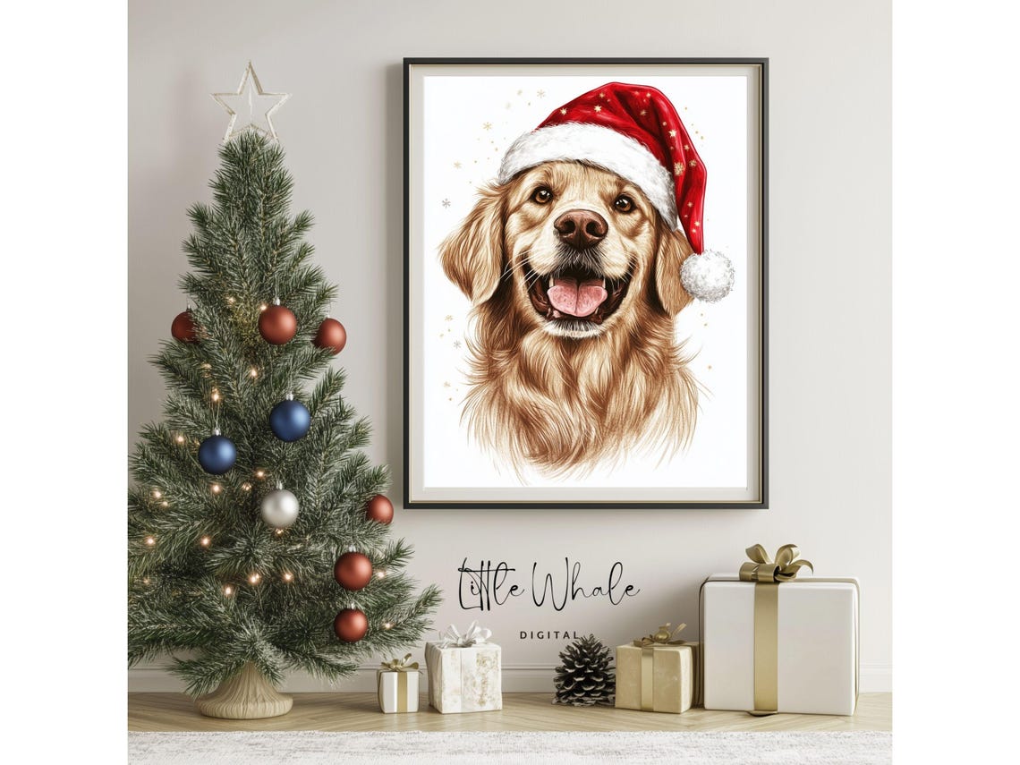 Smiling Golden Retriever in Santa Hat with Snowflakes Art Print - Image 3