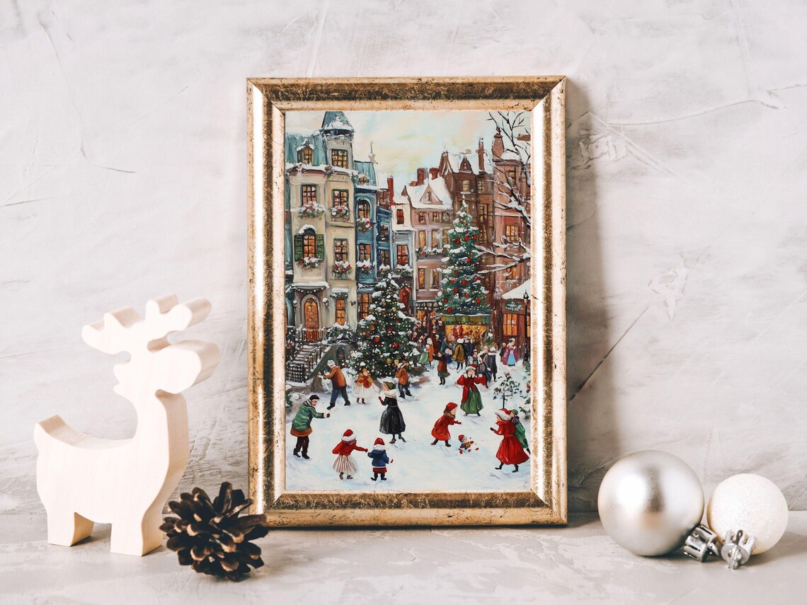 Snowy Old Town Square with Christmas Trees and Skaters Painting Poster - Image 2