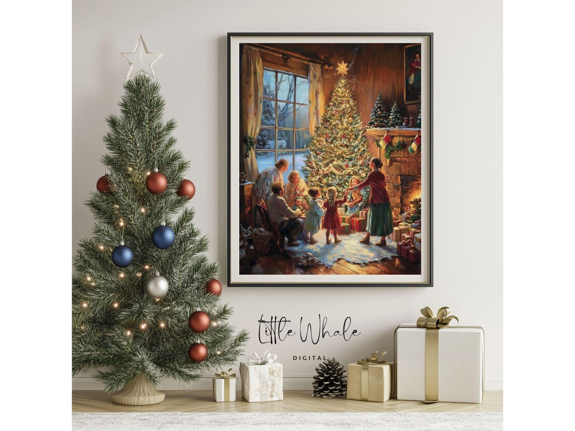 Family Gathered Around Christmas Tree by the Fireplace Painting Poster - Image 3