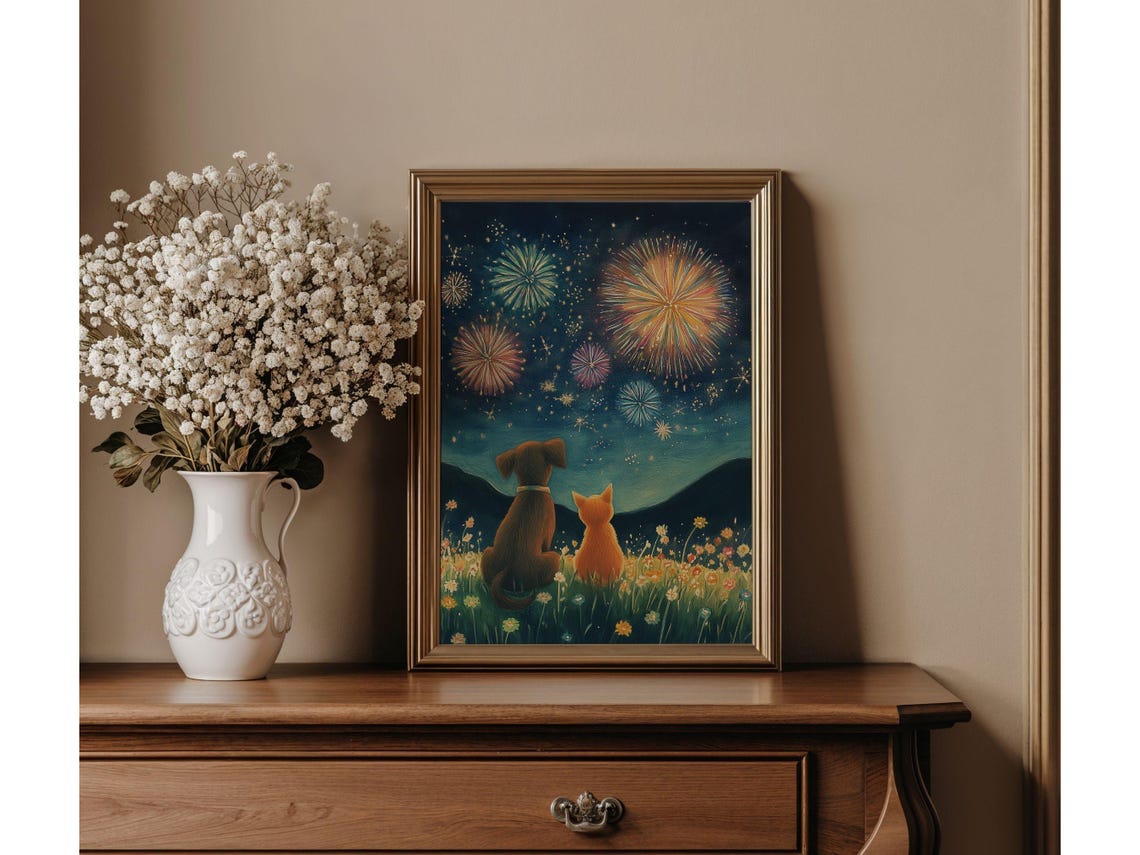 Dog and Cat Watching Fireworks in Wildflower Meadow Night Poster - Image 2