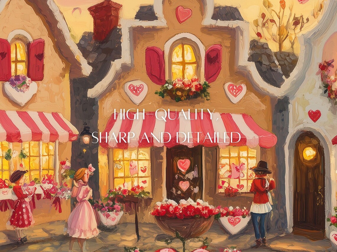 Valentine Village Square With Heart Fountain Romantic Town Poster - Image 2