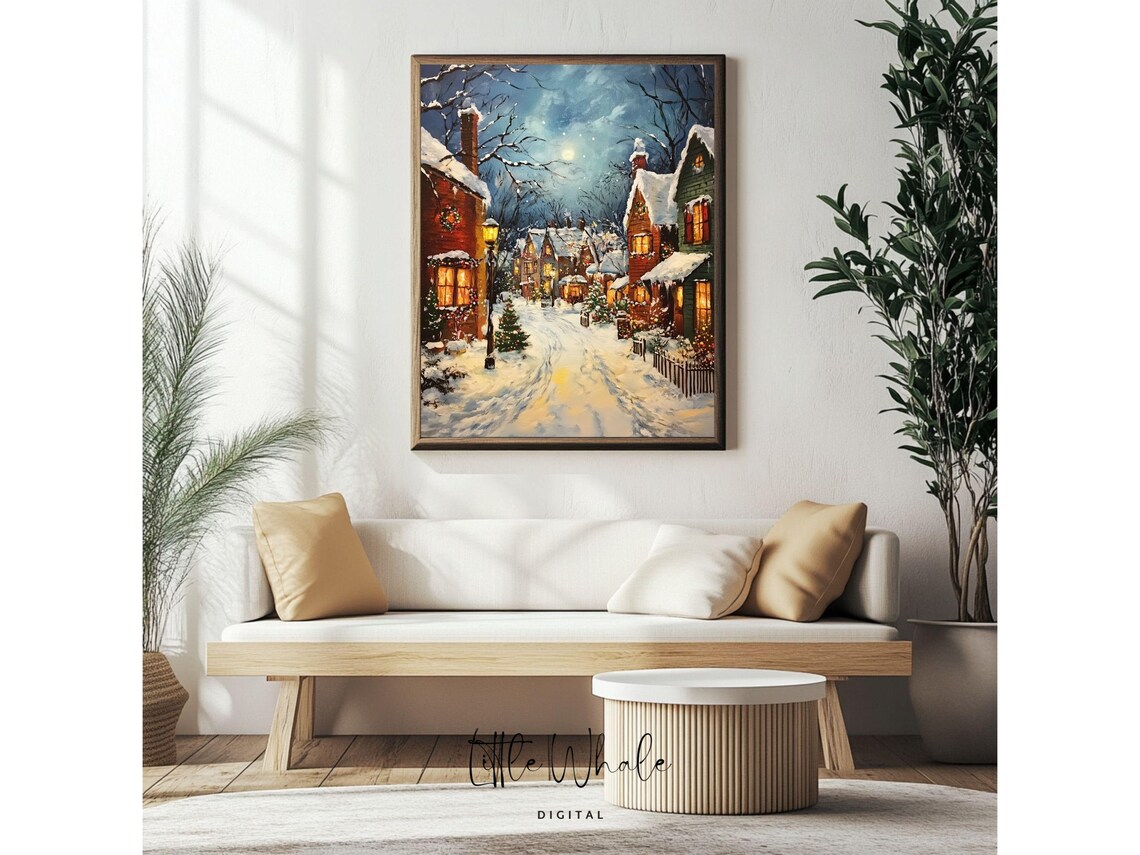 Cozy Snowy Village Street At Night With Glowing Windows Winter Art Poster - Image 2