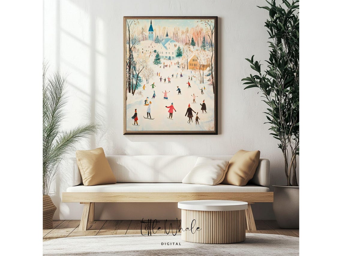 Charming Winter Ice Skaters Frozen Pond Village Vintage Poster
