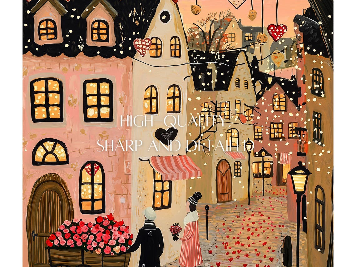 Valentines Night Town Heart Garlands Flower Cart Romance Poster - Image 2