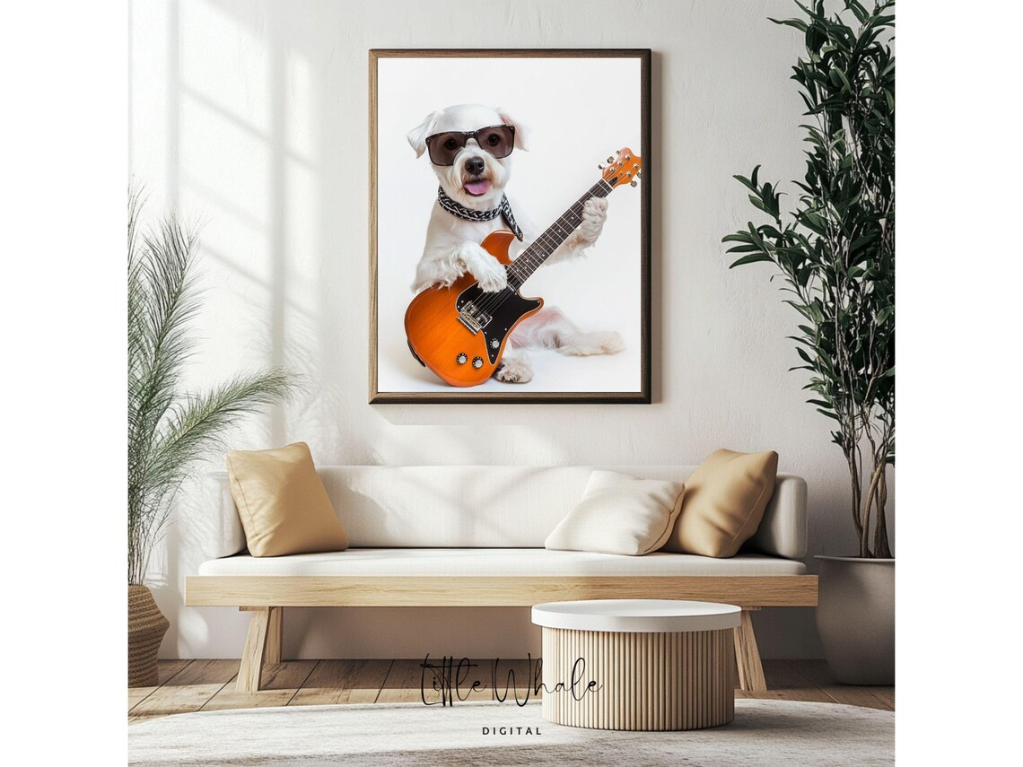 Funny White Dog Playing Electric Guitar Wearing Sunglasses Poster - Image 4