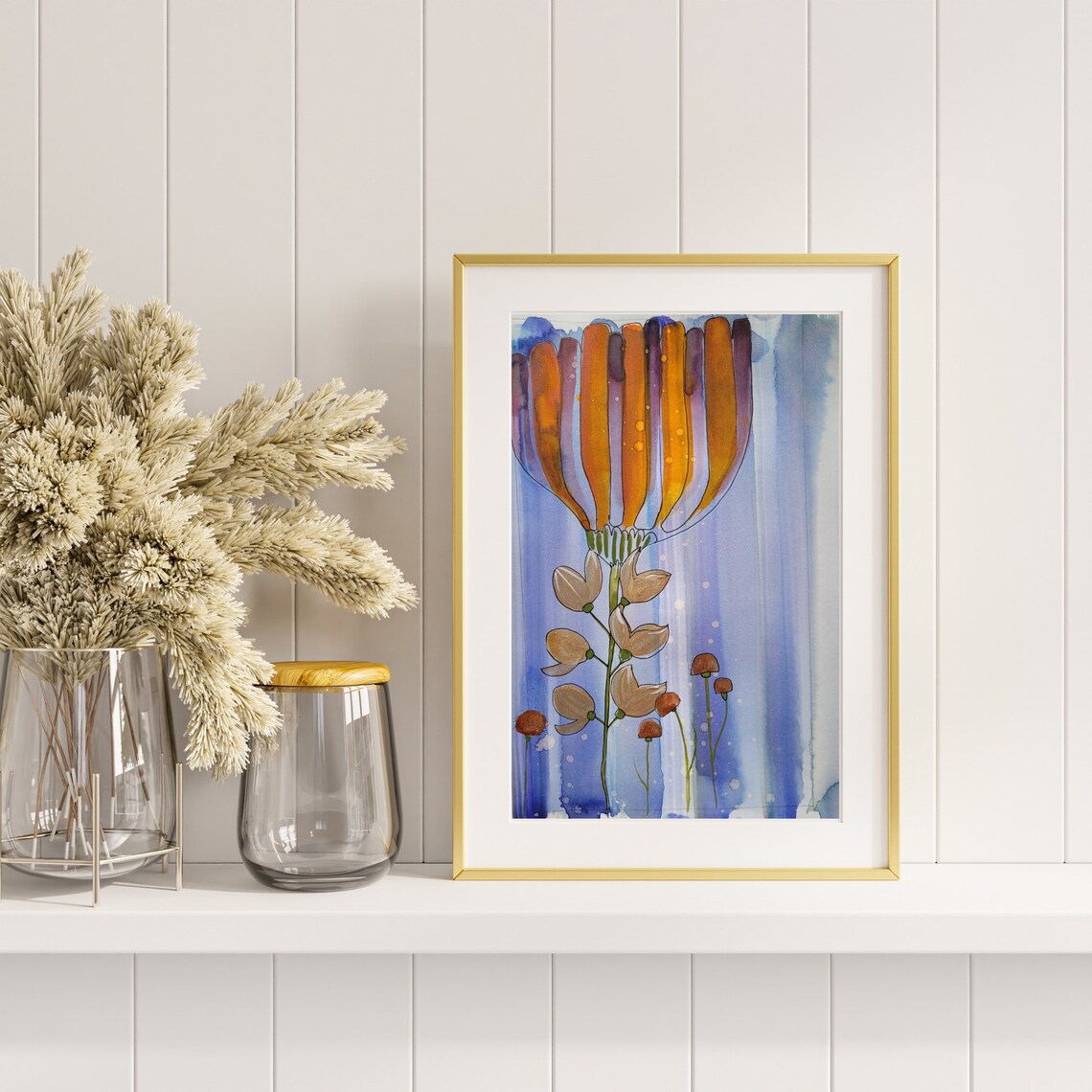 Tall Orange Bell Flower with Beige Buds Periwinkle Watercolor Poster - Image 3