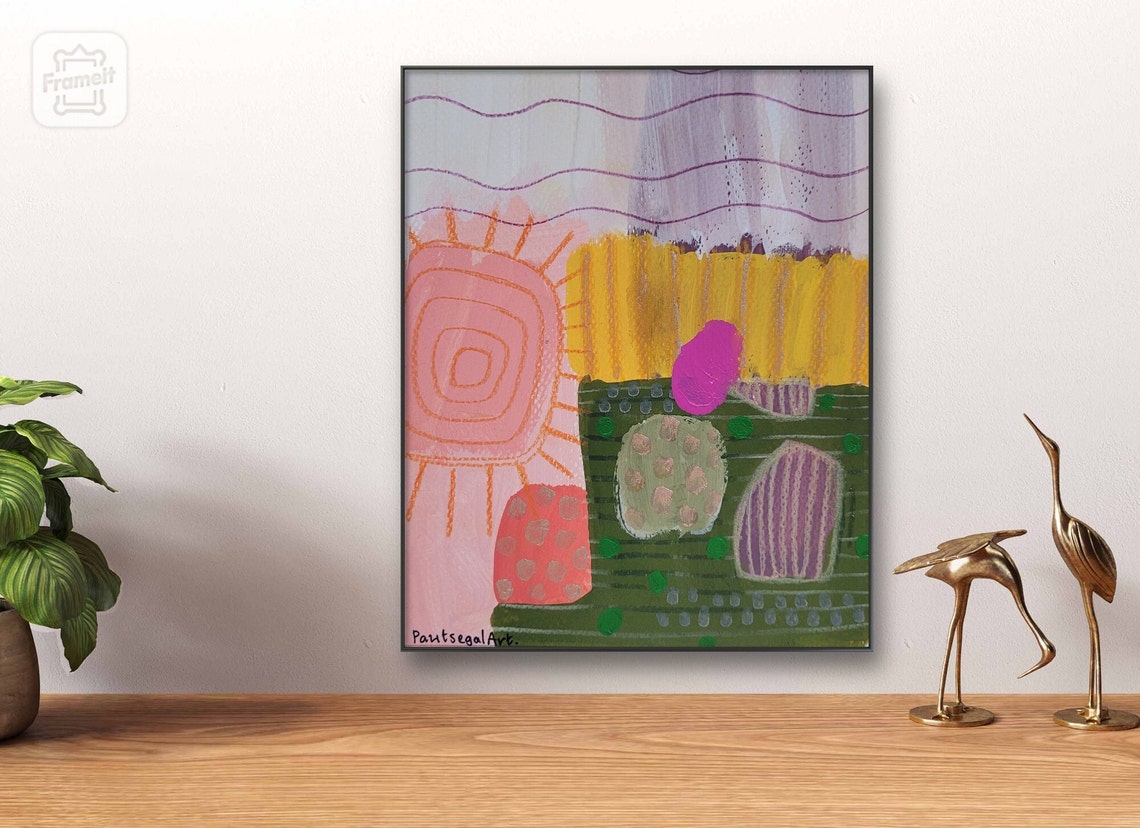 Playful Pastel Abstract with Pink Sun and Yellow Field Art Poster