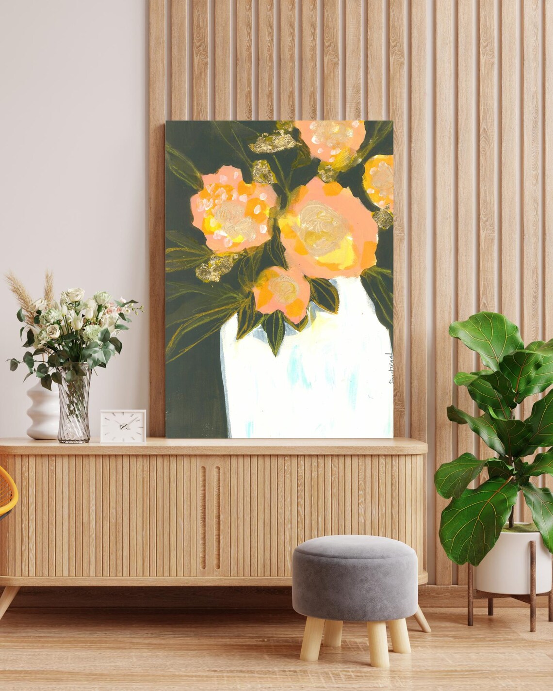 Romantic Peach Blossoms Bouquet In White Vase Floral Art Poster