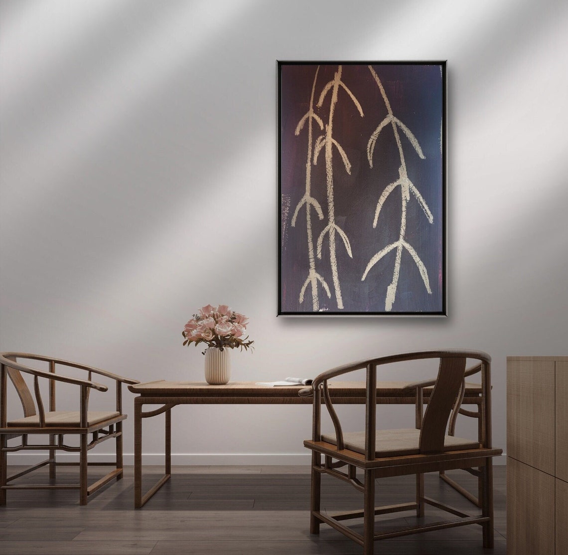 Minimalist Blush Branch Strokes On Black Modern Painting Poster - Image 2