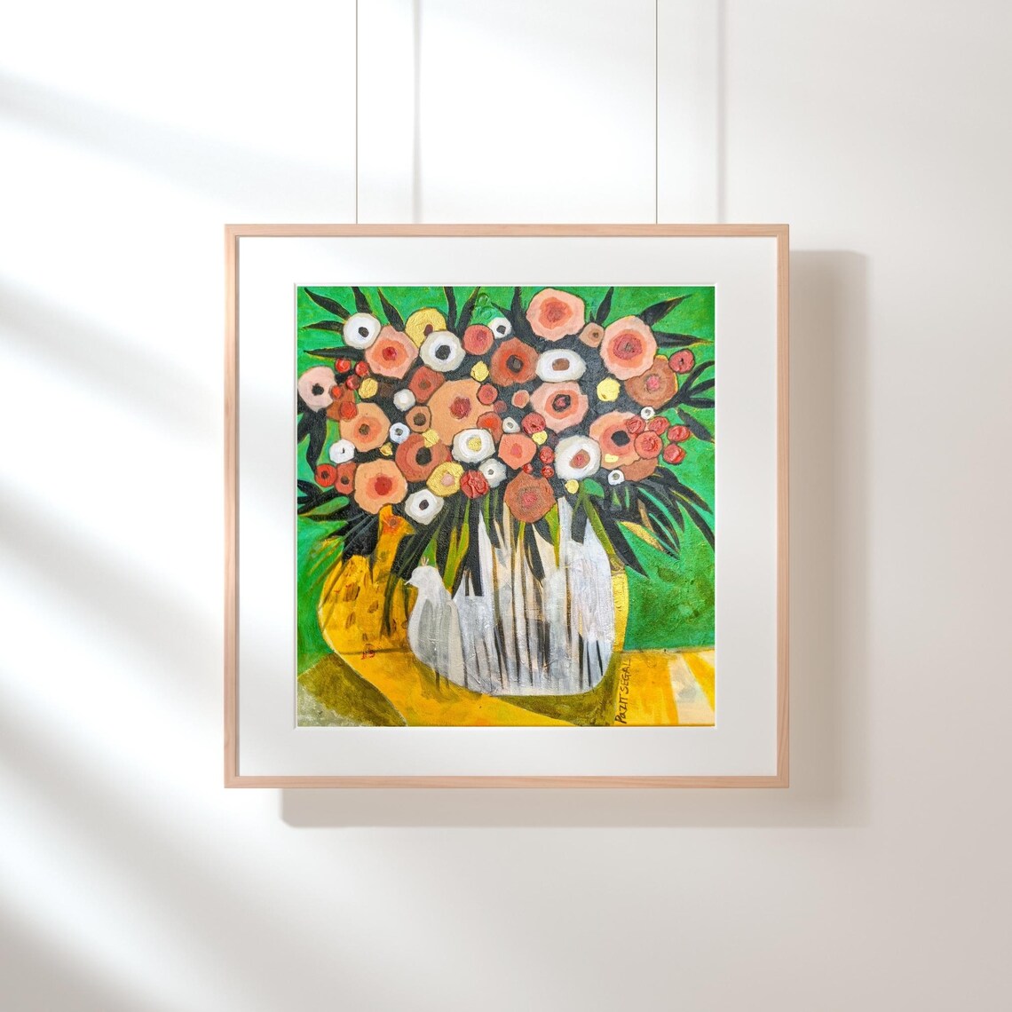 Cheerful Flower Bouquet in Striped Vase Naive Folk Style Art Poster