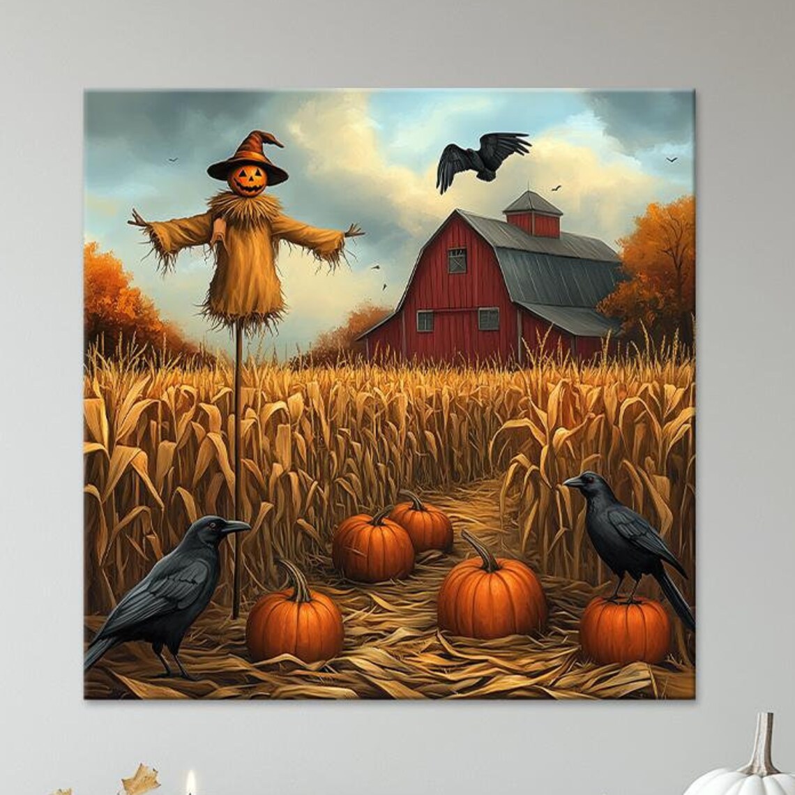 Scarecrow Field Halloween Art Print, Farmhouse Decor