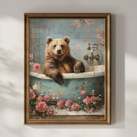 Bear In Bathtub Poster Print Grizzly Bear Bathroom Wall Art Funny Wall Decor Vintage Floral Oil Painting Gift Idea Matte Poster