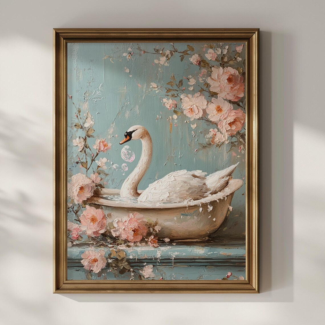 White Swan Floating in Rose Filled Bathtub Vintage Floral Art Poster